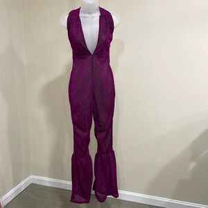 Violet Purple Sparkle One Piece Halter Bell Pant Suit. Size S small 4/6